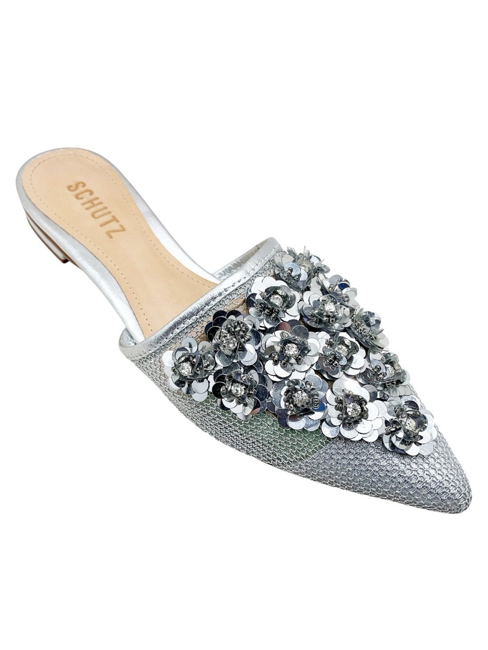 🆕{Schutz} Silver Mesh Sequined Flower Embellished Mules